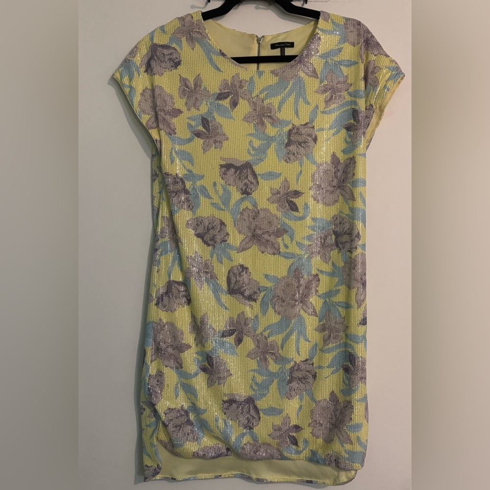 Massimo Dutti Womens Sz Small Floral Yellow Purple Sequin Short Sleeve Dress
